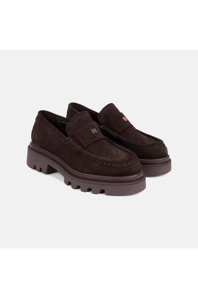 Desa Women's Dark Brown Thick-Soled Suede Loafer with Gold Accessories
