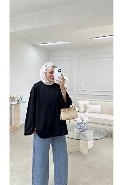 Moda Aydın Butik تونيك سويت شيرت نسائي كبير الحجم - أسود
