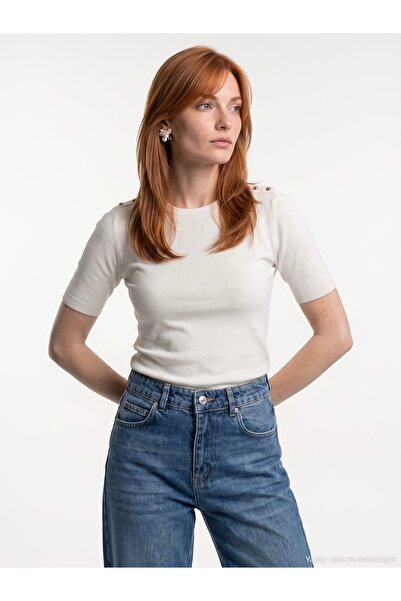 Dilvin 10878 Basic Crew Neck Buttoned Sweater-Ecru