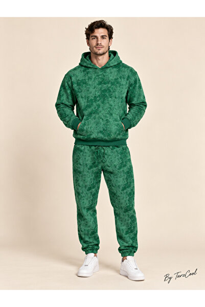 Tarz Cool Men's Marble Patterned 3 Thread Regular Hooded Tracksuit Set