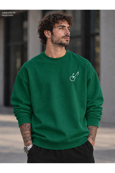 caddekombin Men's Chest Emblem Guitar Note Line Graphic Printed Crew Neck Cas...
