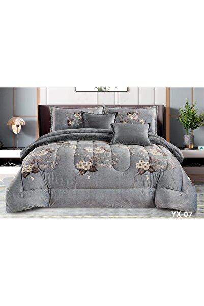 Moon Nefren Velvet and Fur Elegant Floral and Leaf Patterned Bedspread 6 Piec...