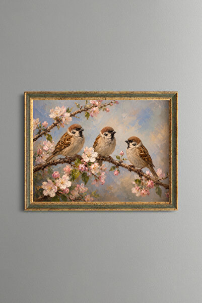 epiqart Three Sparrows on a Spring Branch - Vintage Patterned Painting - Fine...