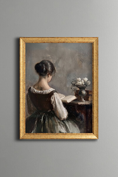 epiqart Young Woman Reading a Book - Vintage Patterned Painting - Slim Model