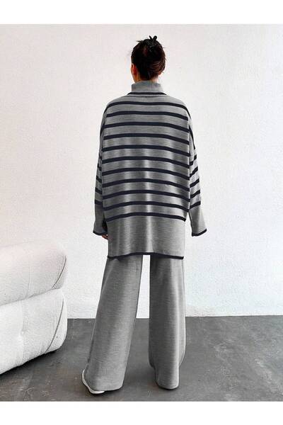 herkesemoda Kadın Gri Balıkçı Yaka Oversize Triko Takım