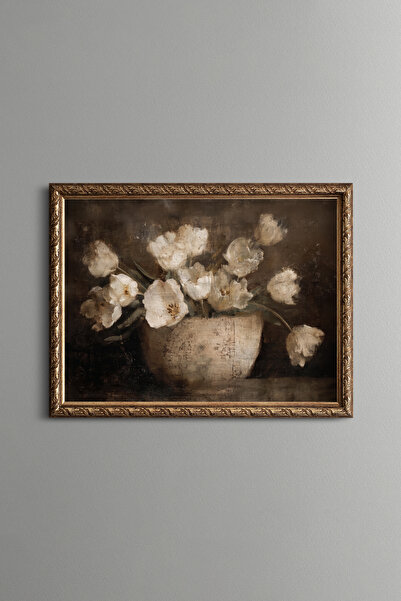 epiqart White Tulips - Vintage Patterned Painting - Fine Model