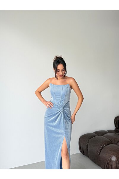 Serica Moda Rochie de seară lungă, argintie, fără bretele, cu balene, albastru bebeluș