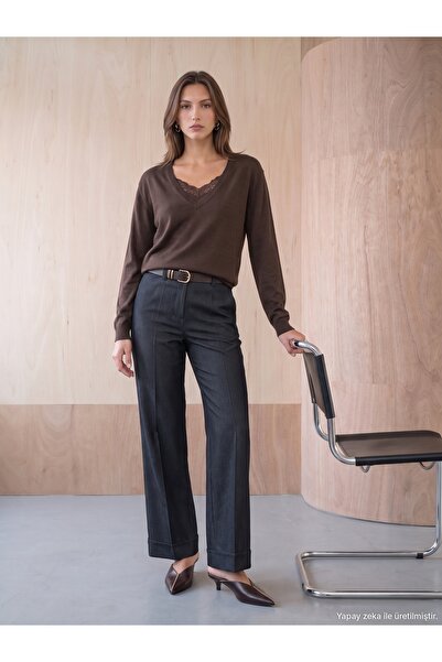 Dilvin 72816 Belted Curved Leg Trousers-Black