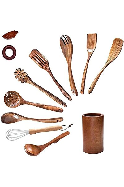 Generic 12 Piece Natural Teak Wooden Kitchen Utensil Set with 2Spoon Shelf an...