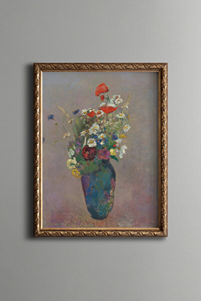 epiqart Poppies and Daisies in Blue Vase - Vintage Patterned Painting - Fine ...