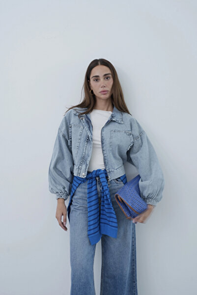 roea Balon Sleeve Zippered Denim Jacket Ice Blue