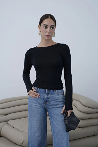 roea Boat Neck Long Sleeve Blouse with Finger Loop Detail Coffee
