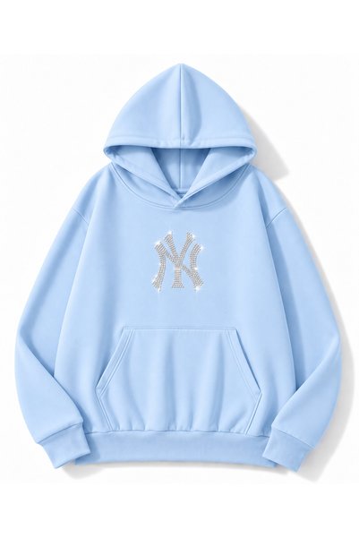 MOONBULL Unisex NY Taş Baskılı 3 İplik Kışlık Kapüşonlu Kanguru Cepli Oversiz...