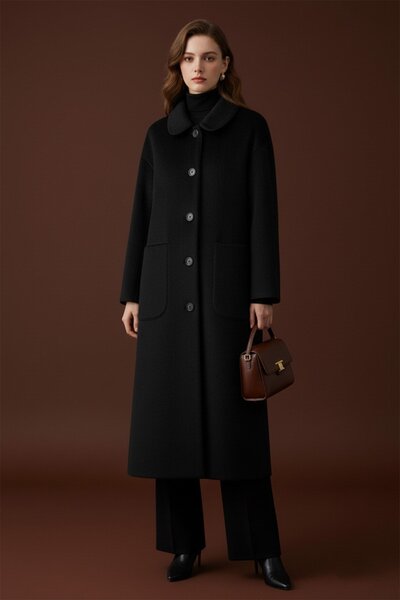 Puane Women's Fox Coat with Button and Pocket Details - 15220Kbn Black