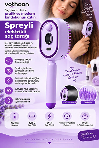 Vothoon Elektrikli Spreyli Saç Tarağı 300 mAh Type‑C Şarjlı İnce Spreyli Anti...