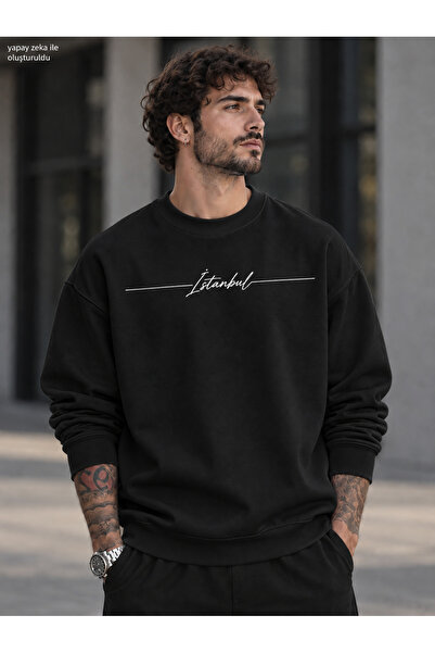 caddekombin Men's Istanbul Handwritten Striped Typographic Printed Crew Neck ...