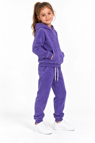 LUGMO Kız Çocuk Mor Kapşonlu Eşofman Takımı Kanguru Cepli Sweatshirt ve Jogger Alt 2’li Set