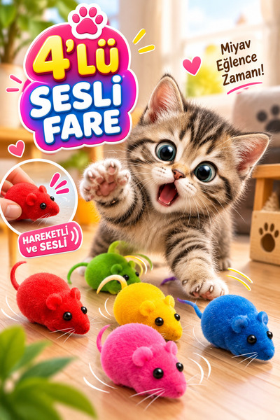 House Bird 4’lü Sesli Peluş Fare Kedi Oyuncağı Renkli Avcılık ve Eğlence Oyun...