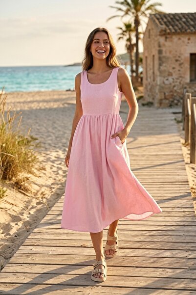 FEMİNEER.com KADIN PEMBE KETEN ELBİSE
