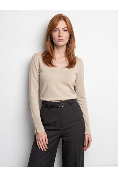 Dilvin 10427 V-Neck Sleeveless Pullover with Slits-Stone