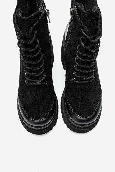 LuviShoes NORTON Siyah Süet Bağcıklı Fermuarlı Kadın Platform Topuklu Bot