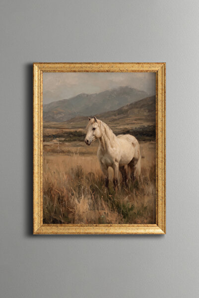 epiqart White Horse at the Edge of the Mountains - Vintage Patterned Painting...