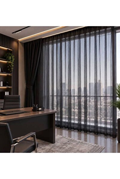 birton Modern Vual Tül Perde Hazır Dikim Siyah-Ütü İstemez 1/3 Sık Pile