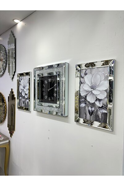 Genel Markalar GÜMÜŞ SİMLİ AYNALI SAAT İKİ ADET TABLO 3LÜ SET 40x60CM TABLO 6...