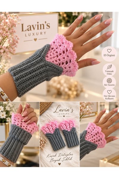 Generic Brand 🌸   Pink-Grey Hand Knitted Fingerless Gloves