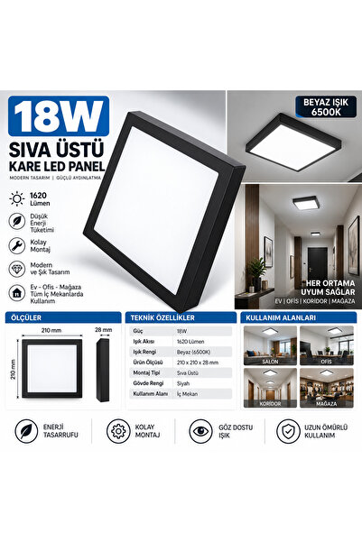 SimaAvize NOAS 18W Sıva Üstü Kare LED Panel Siyah Kasa 6500K Beyaz Işık Moder...