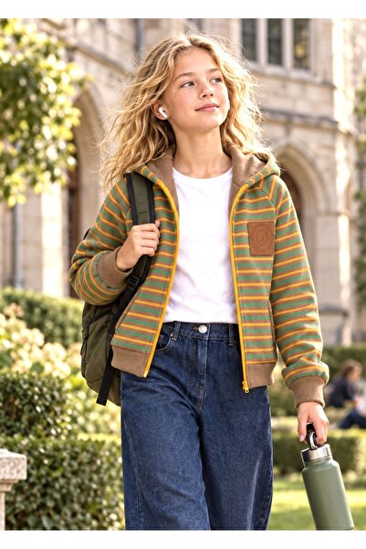 Ozmoz By Mukadder Özden Sustainable Hooded Striped Winter Girls' Sports Jacket
