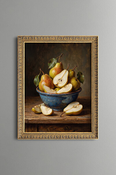 epiqart Still Life of Pears in a Blue Bowl - Vintage Patterned Painting - Fin...