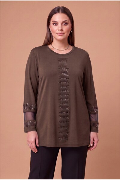 RMG Large Size Knitted Knitwear Blouse with Tulle and Stone Detail in Brown