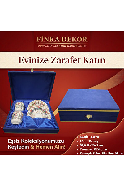 2'Li Lale Desen Altın Motifli Porselen Türk Kahvesi Fincan Takımı-Özel Kadife Kutulu