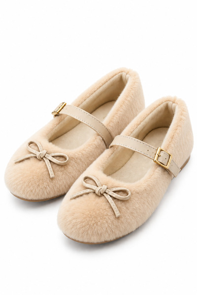 ZARICH Lumi Cream Women's Plush Ballerina Rabbit Fur Look Buckle Bow Mary Jane Home Shoes