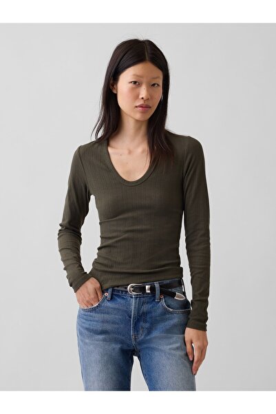 GAP Kadın Haki Çizgili Fitilli T-Shirt