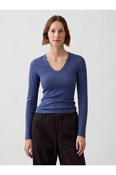 GAP Kadın Mavi Çizgili Fitilli T-Shirt