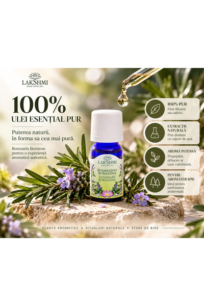 Lakshmi Ulei esential Rozmarin Borneon 10 ml, 100% pur si organic, Rosmarinus...