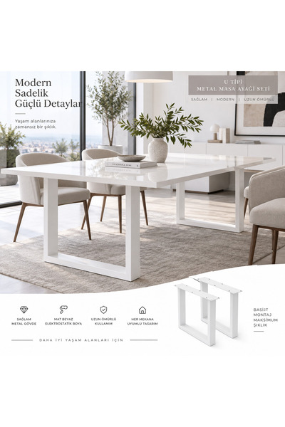 EvKolleksiyon U Tipi Metal Masa Ayağı 2'li Takım 60x72 cm 60x60 Çelik Profil