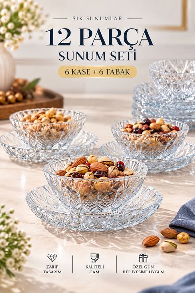 Mutfiko 12 Parça Kristal Görünümlü Cam Kase Tabak Seti – 6 Kase 6 Servis Taba...