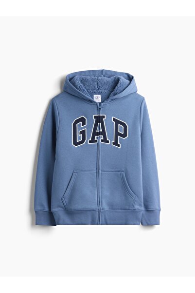 GAP Erkek Çocuk Açık Mavi Sherpa Astarlı Logo Fermuarlı Sweatshirt