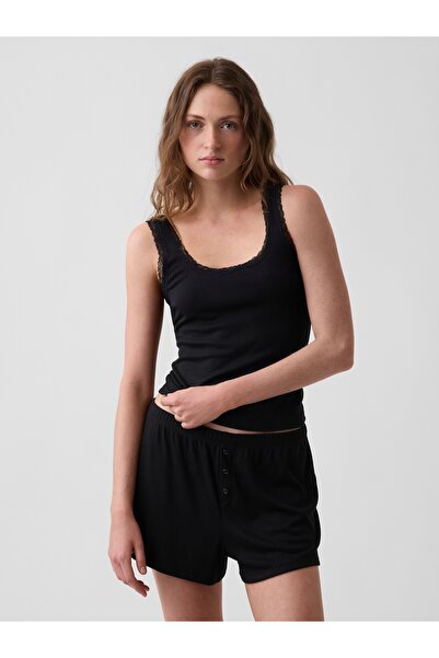 GAP Kadın Siyah Mini Fitilli Dantel Detaylı Askılı Pijama Üstü