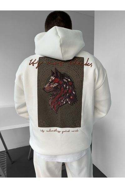 NO1 KONSEPT Beyaz Kapüşonlu Oversize Premium Kurt Nakışlı Sweatshirt