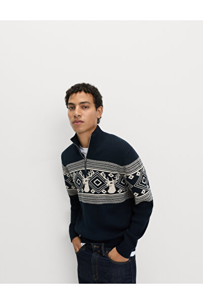 Marks & Spencer Saf Pamuk Fair Isle Desenli Yarım Fermuarlı Kazak