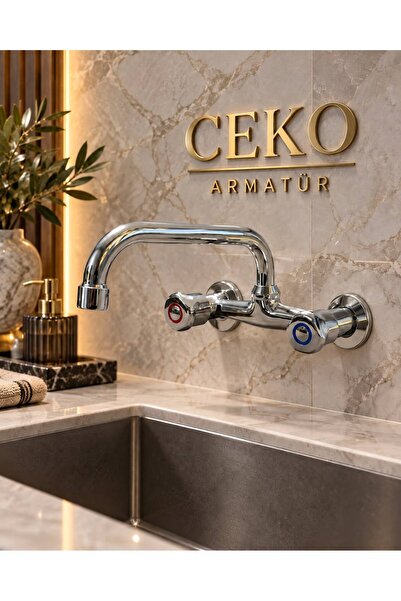 CEKO ARMATÜR Klasik Duvardan Mutfak Musluğu Çevirmeli Evye Bataryası Çift Gir...
