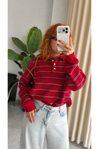 Bak'ap Premium Oversize Striped Polo Collar Sweater