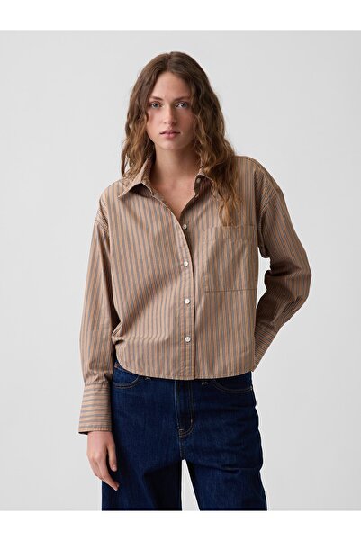 GAP Kadın Açık Kahverengi Organik Pamuk Poplin Oversized Crop Gömlek