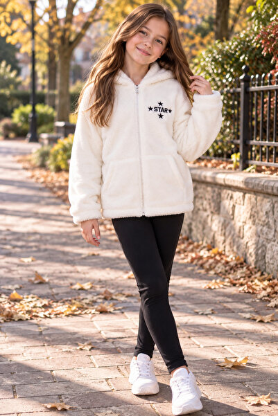 SERPİL Ss Gi̇yi̇m Girls' Plush Coat – White Fleece Coat with Hood and Zipper,...
