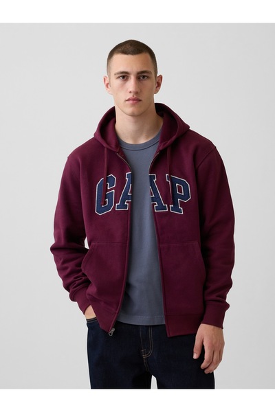 GAP Erkek Bordo VintageSoft Arch Logo Tam Fermuarlı Sweatshirt