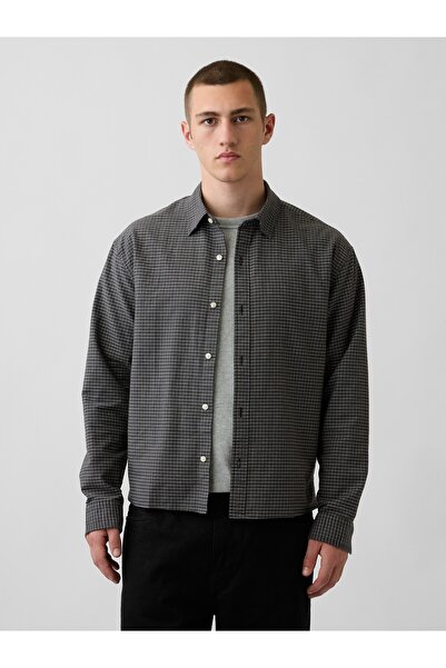 GAP Erkek Gri Relaxed Crop Straight-Hem Oxford Gömlek